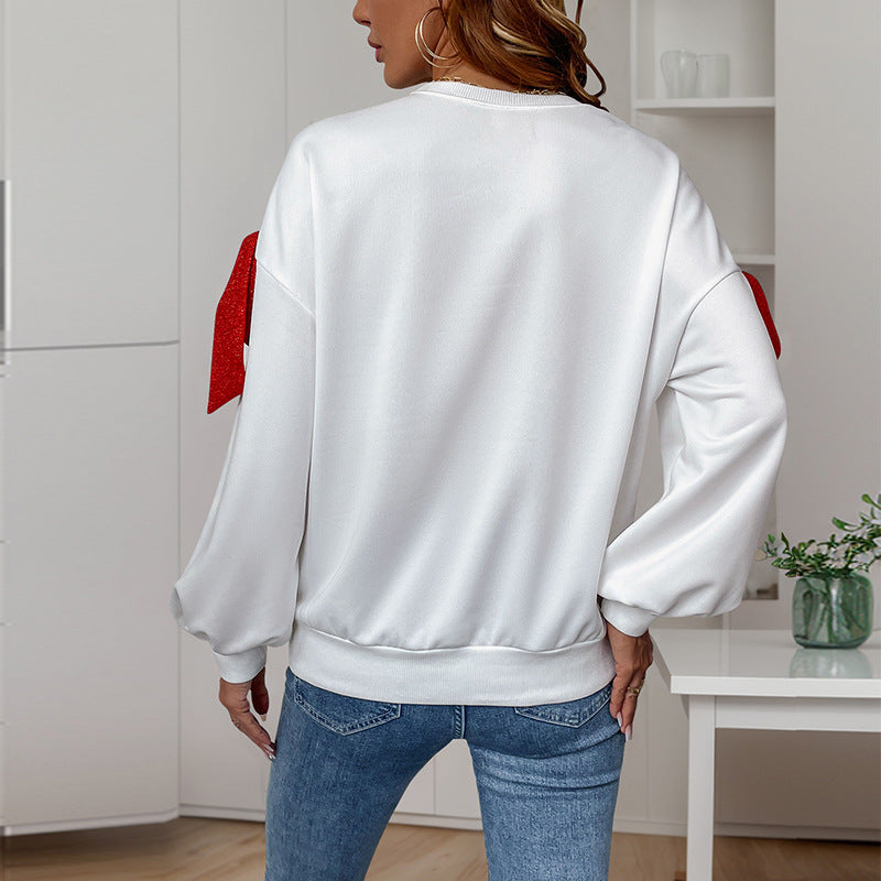 Loose White Sweatshirt with Red Bow Shoulders and Lantern Sleeves