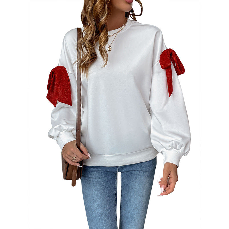 Loose White Sweatshirt with Red Bow Shoulders and Lantern Sleeves