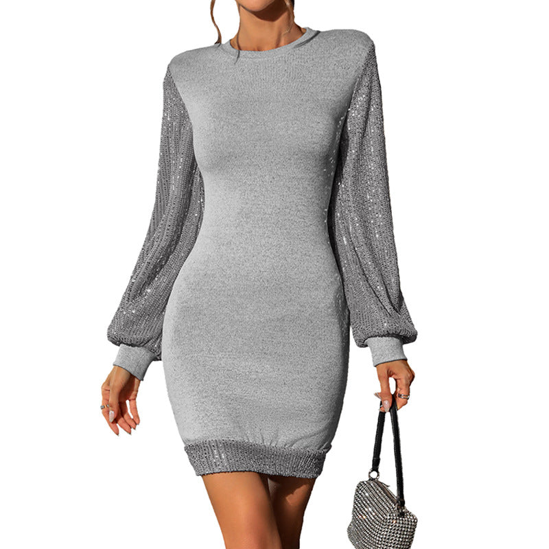 Bodycon Mini Dress with Sequined Lantern Sleeves