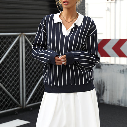 Loose Striped Knit Sweater with Turn-Down Collar