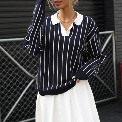 Loose Striped Knit Sweater with Turn-Down Collar