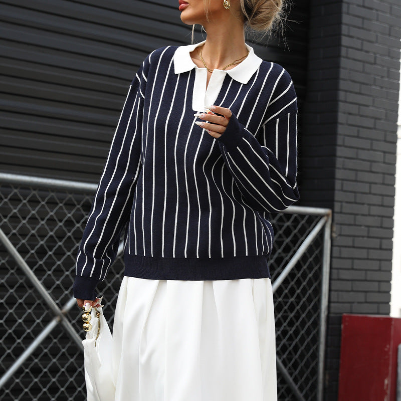 Loose Striped Knit Sweater with Turn-Down Collar