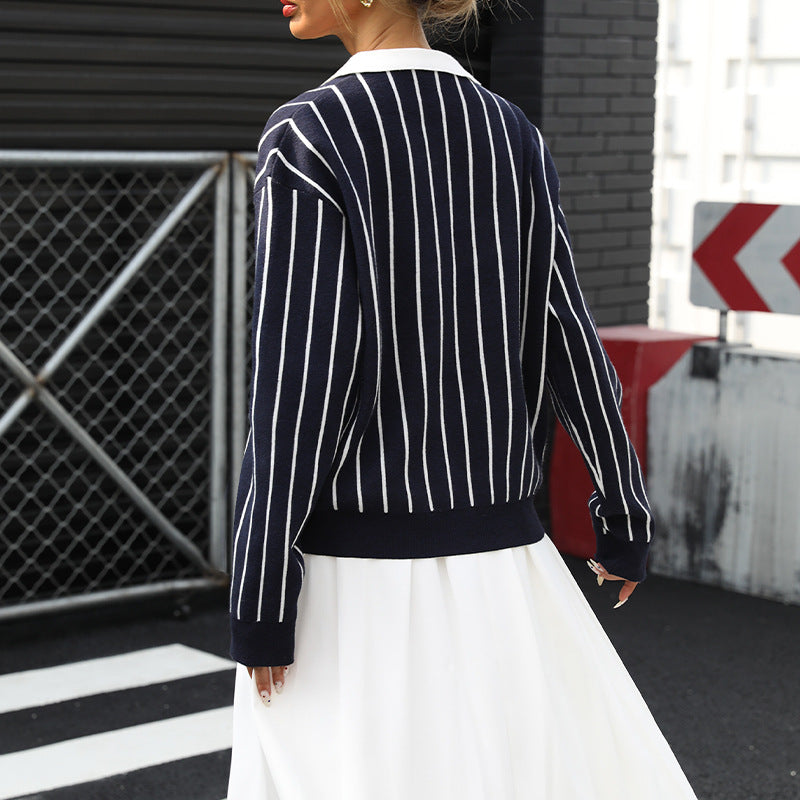 Loose Striped Knit Sweater with Turn-Down Collar