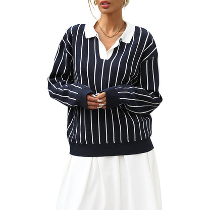 Loose Striped Knit Sweater with Turn-Down Collar