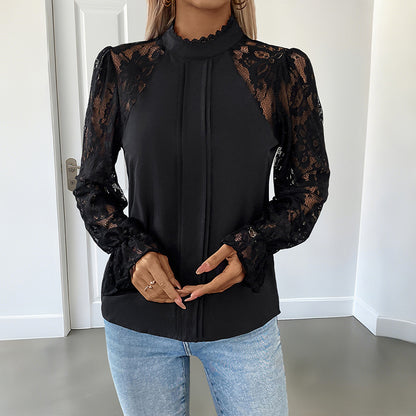 Solid Color Blouse with Lace Sleeves and Mock Neck