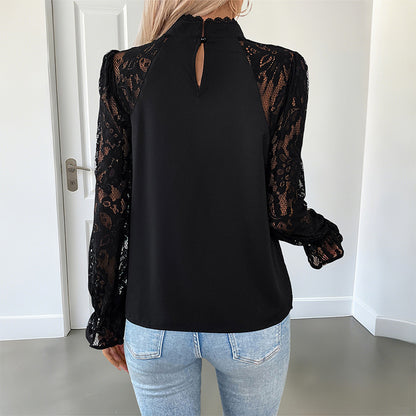 Solid Color Blouse with Lace Sleeves and Mock Neck