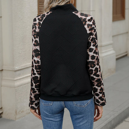 Patchwork Leopard Pullover with Textured Body and Button Placket