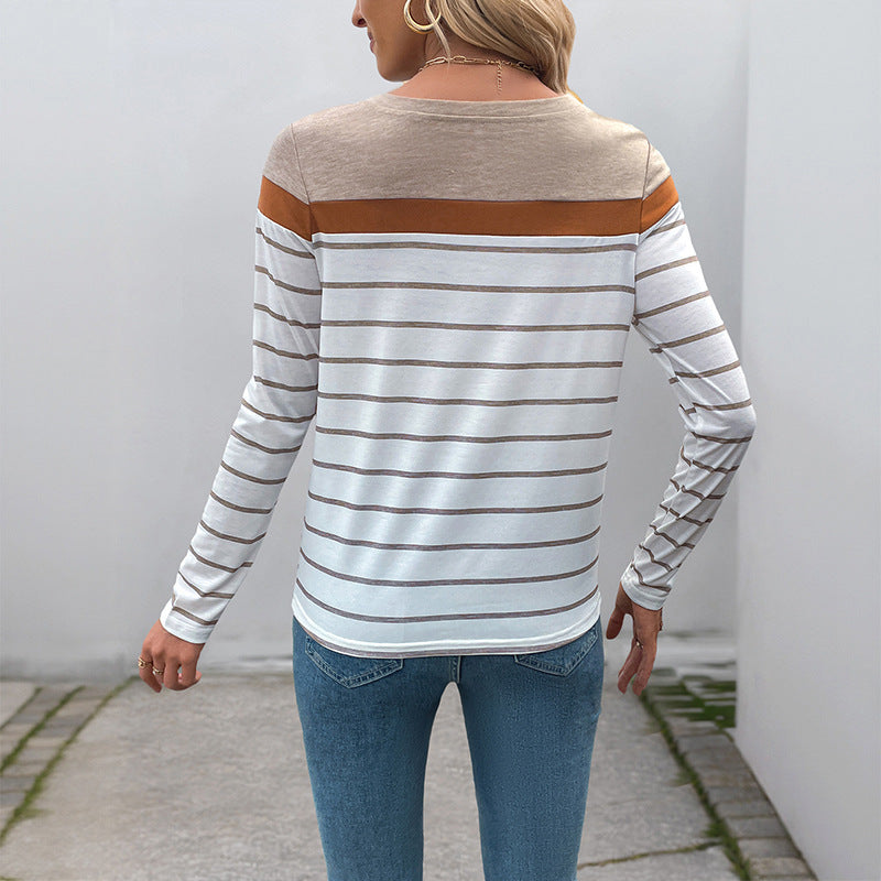 Color Block Striped Long-Sleeve Top with Loose Fit