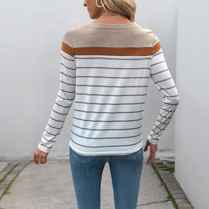 Color Block Striped Long-Sleeve Top with Loose Fit