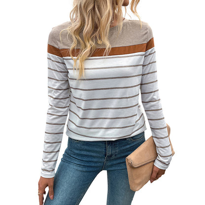 Color Block Striped Long-Sleeve Top with Loose Fit