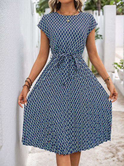 Geometric Print A-Line Midi Dress with Tie Waist