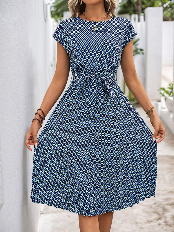 Geometric Print A-Line Midi Dress with Tie Waist