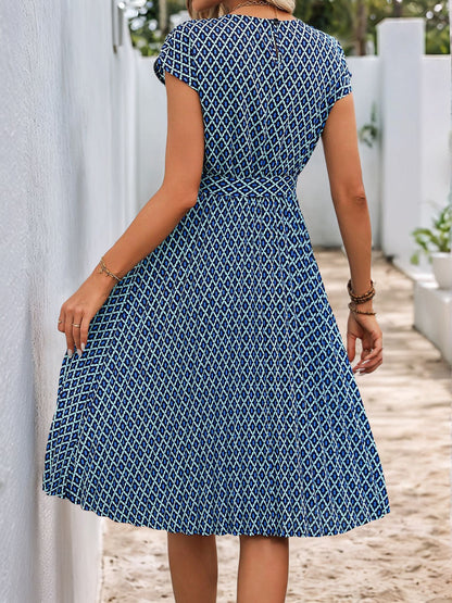 Geometric Print A-Line Midi Dress with Tie Waist