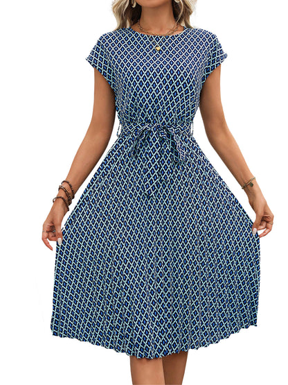 Geometric Print A-Line Midi Dress with Tie Waist