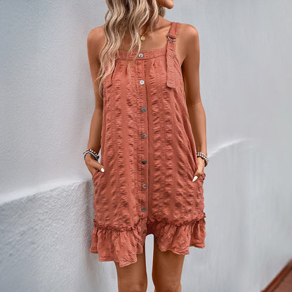 Textured Camisole Dress with Button Front and Ruffle Hem
