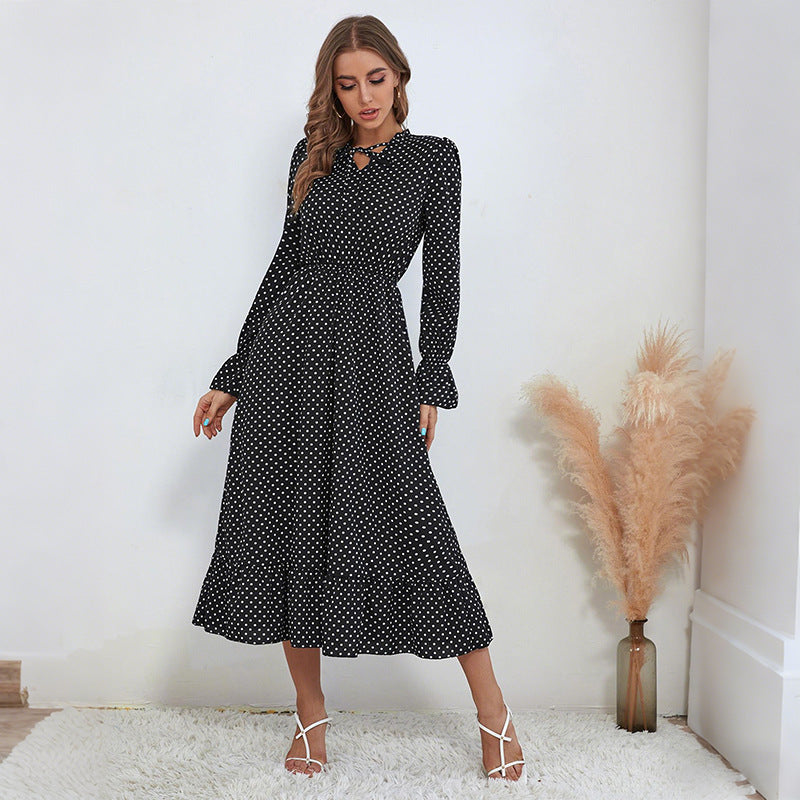 Polka Dot A-Line Midi Dress with Tie-Neck and Flared Sleeves