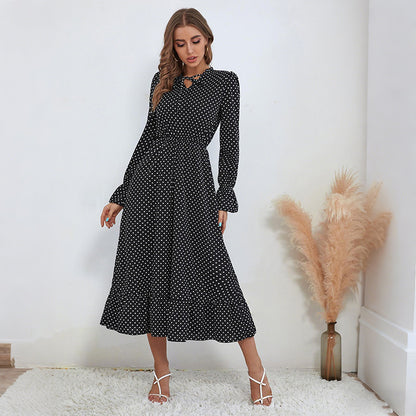Polka Dot A-Line Midi Dress with Tie-Neck and Flared Sleeves