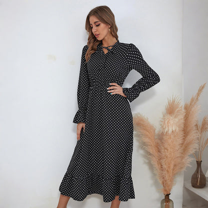 Polka Dot A-Line Midi Dress with Tie-Neck and Flared Sleeves