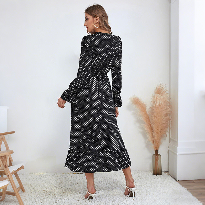 Polka Dot A-Line Midi Dress with Tie-Neck and Flared Sleeves