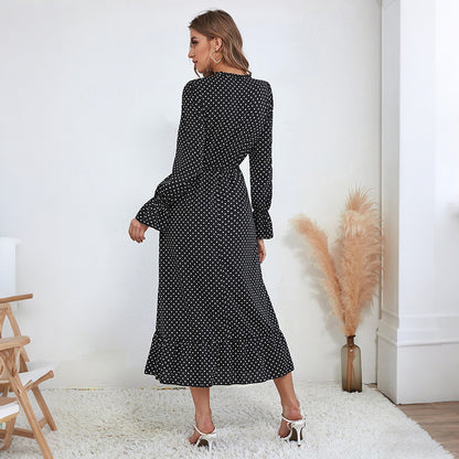 Polka Dot A-Line Midi Dress with Tie-Neck and Flared Sleeves