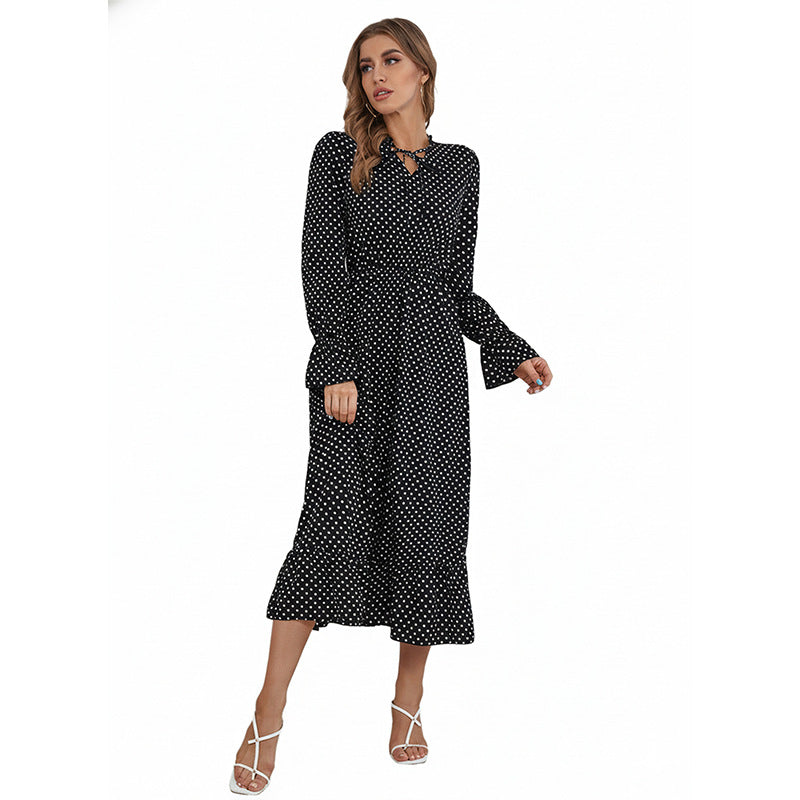 Polka Dot A-Line Midi Dress with Tie-Neck and Flared Sleeves