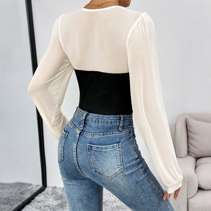 Spliced Top with Square Neck and Long Puff Sleeves