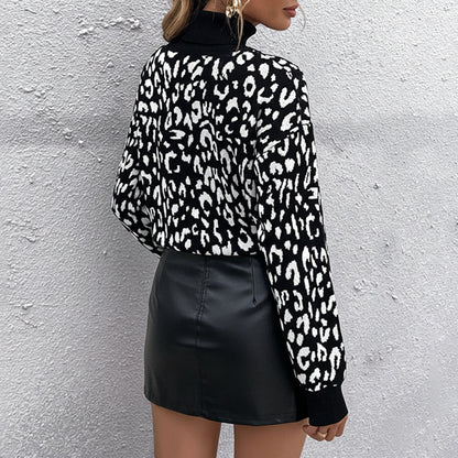 Loose Black and White Leopard Print Turtleneck Sweater