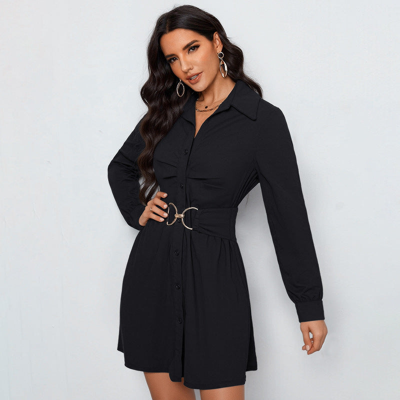 Solid Long Sleeve Shirt Dress with D-Ring Belt
