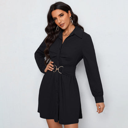 Solid Long Sleeve Shirt Dress with D-Ring Belt
