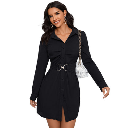 Solid Long Sleeve Shirt Dress with D-Ring Belt