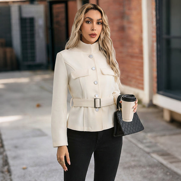 Solid Jacket with Stand Collar and Belted Waist