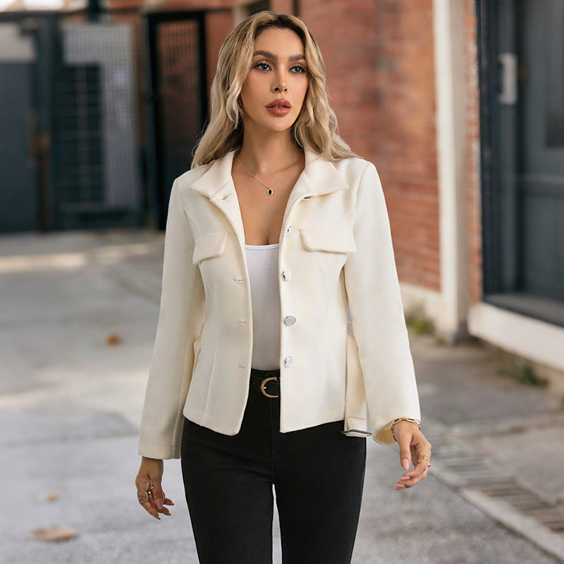 Solid Jacket with Stand Collar and Belted Waist
