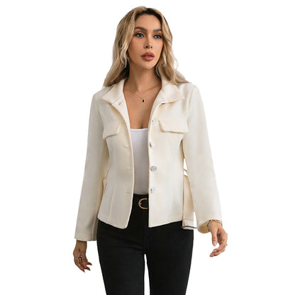 Solid Jacket with Stand Collar and Belted Waist