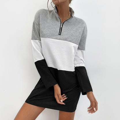 Color-Blocked Sweatshirt Dress with Half-Zip Collar
