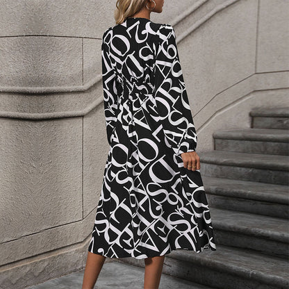 Letter Print Wrap Midi Dress with V-Neck and Slit