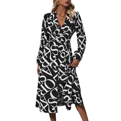 Letter Print Wrap Midi Dress with V-Neck and Slit