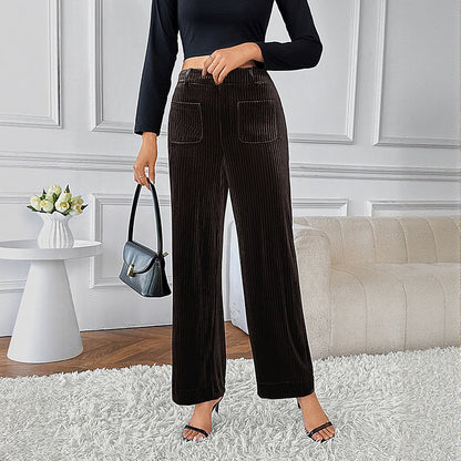 Wide-Leg Corduroy Pants with High Waist and Pockets