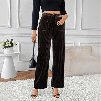 Wide-Leg Corduroy Pants with High Waist and Pockets