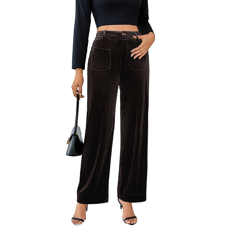Wide-Leg Corduroy Pants with High Waist and Pockets