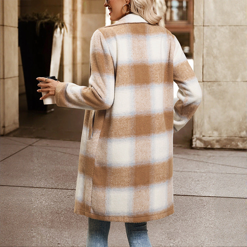 Plaid Mid-Length Coat with Double-Breasted Suit Collar