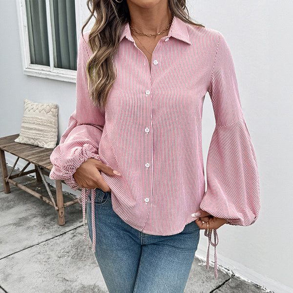Striped Button-Down Shirt with Drawstring Puff Sleeves