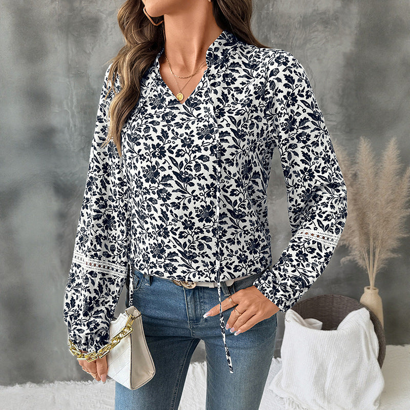 Floral Print Blouse with Puff Sleeves and Tie V-Neck