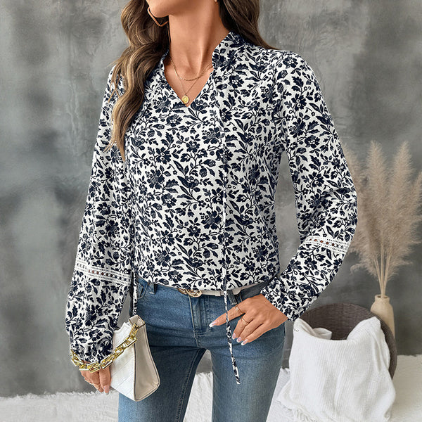 Floral Print Blouse with Puff Sleeves and Tie V-Neck