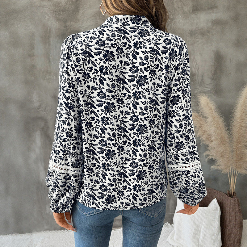 Floral Print Blouse with Puff Sleeves and Tie V-Neck