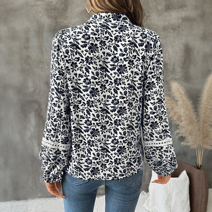 Floral Print Blouse with Puff Sleeves and Tie V-Neck