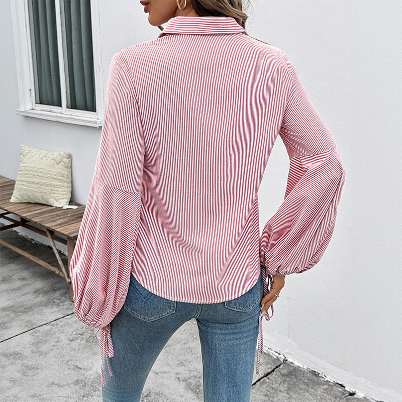 Striped Button-Down Shirt with Drawstring Puff Sleeves