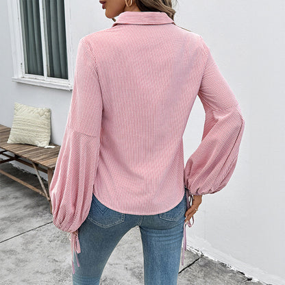 Striped Button-Down Shirt with Drawstring Puff Sleeves