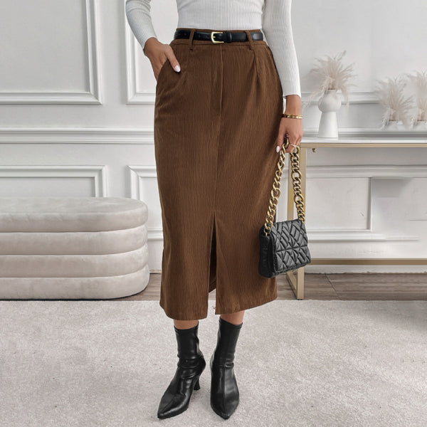 Straight Corduroy Skirt with High Waist and Front Slit