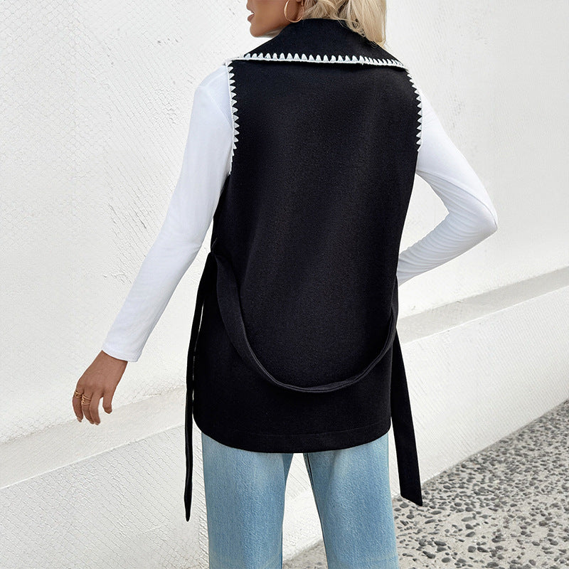Cardigan Vest with Contrast Trim and Lapel