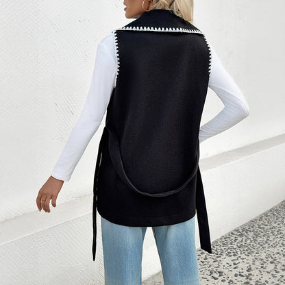 Cardigan Vest with Contrast Trim and Lapel
